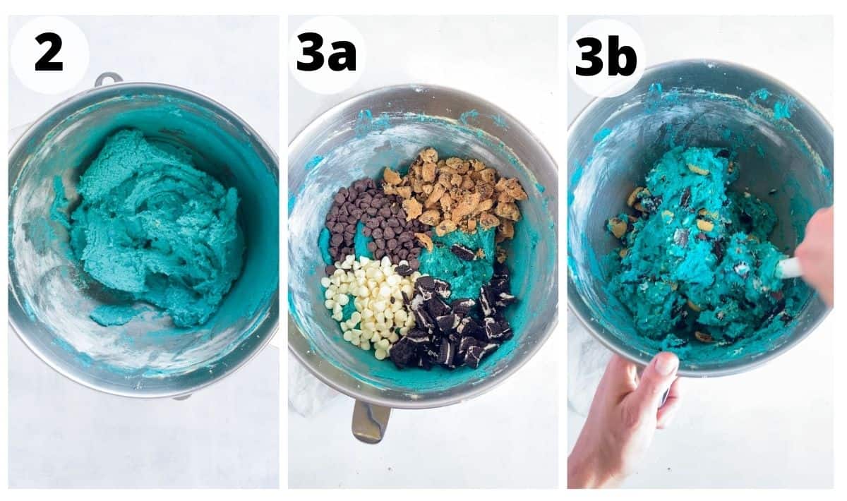 3 images showing how to mix in dry ingredients. 