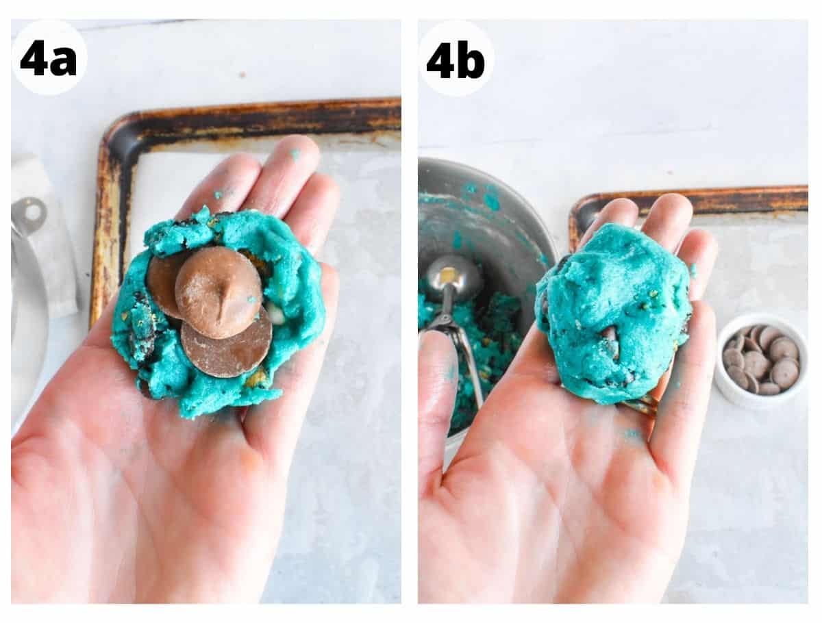 2 images showing how to stuff chocolate into cookie dough. 