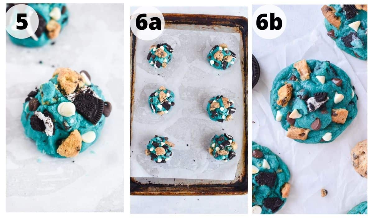 3 image showing how to top off cookie dough and bake cookies. 
