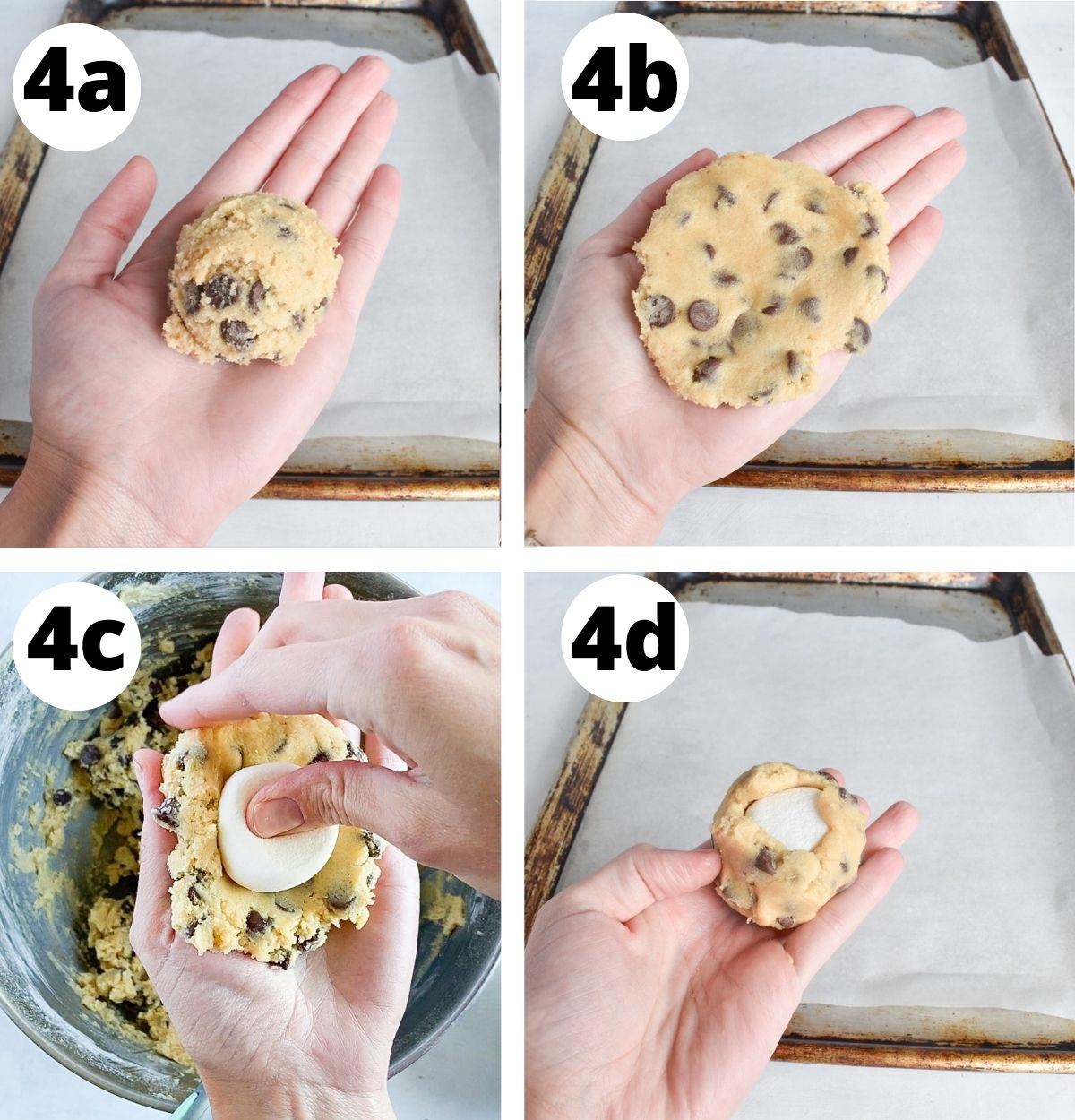 4 images showing how to stuff a marshmallow in the cookie dough. 