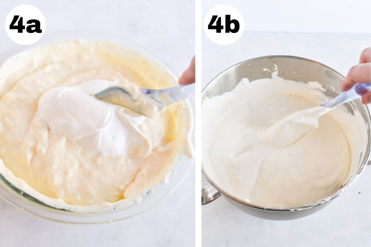 two images showing how to fold whipped cream into pudding. 