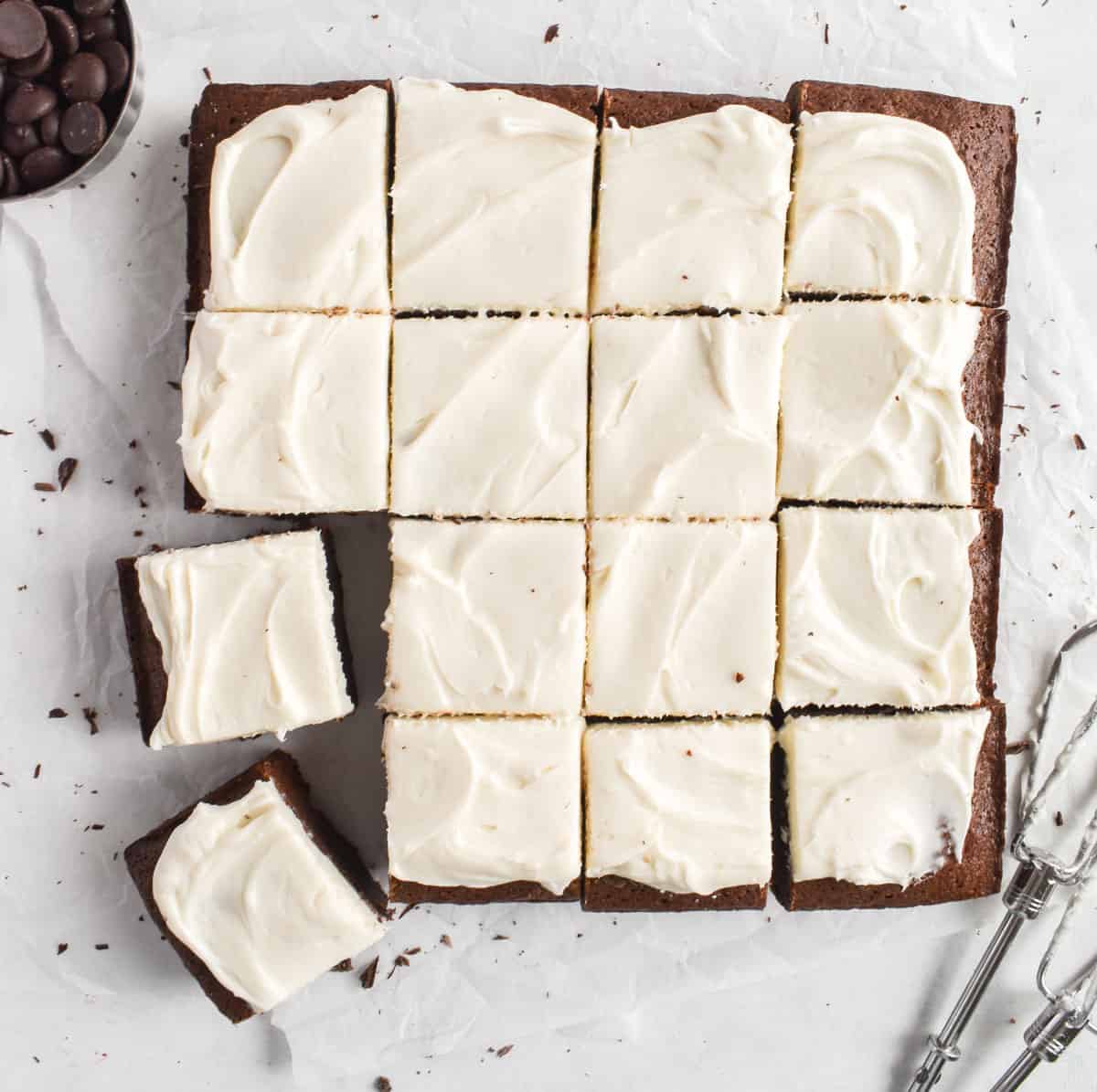 frosted brownie squares with two off set. 
