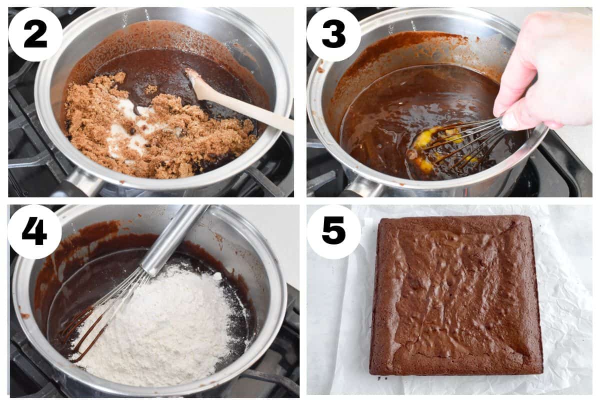 4 images showing how to to make and bake brownies. 