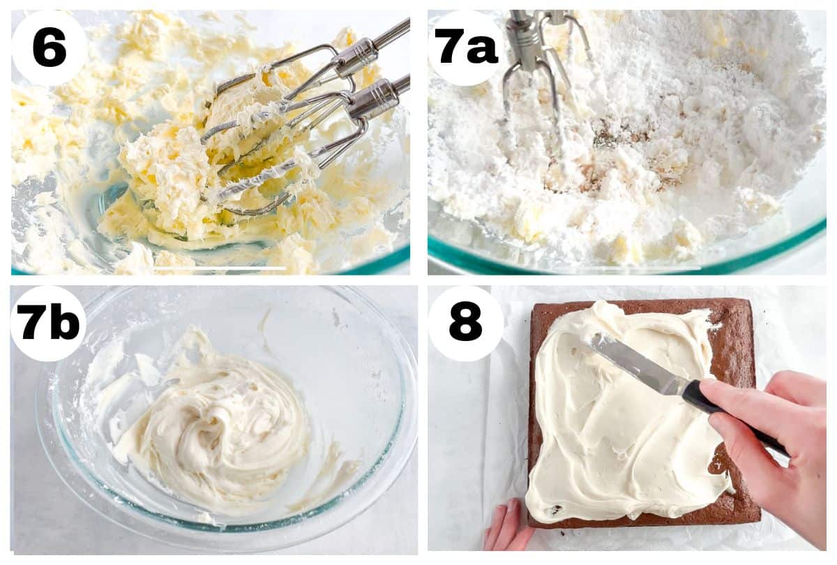 4 images showing to how make cream cheese frosting. 