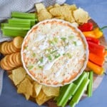 dish full of dip with chips, veggies, and crackers around it.