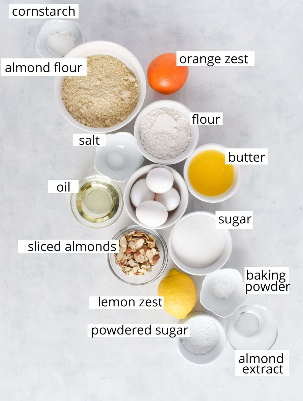 ingredients for italian almond cake laid out. 
