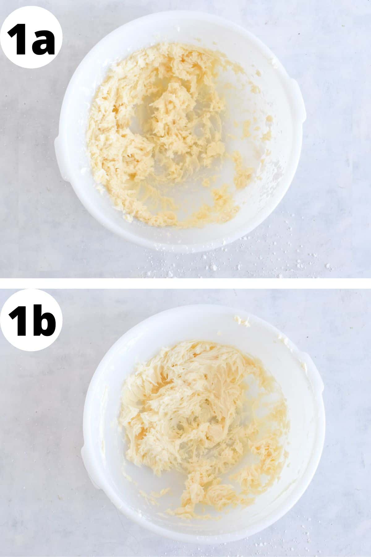 two images showing how to cream butter and sugar together. 