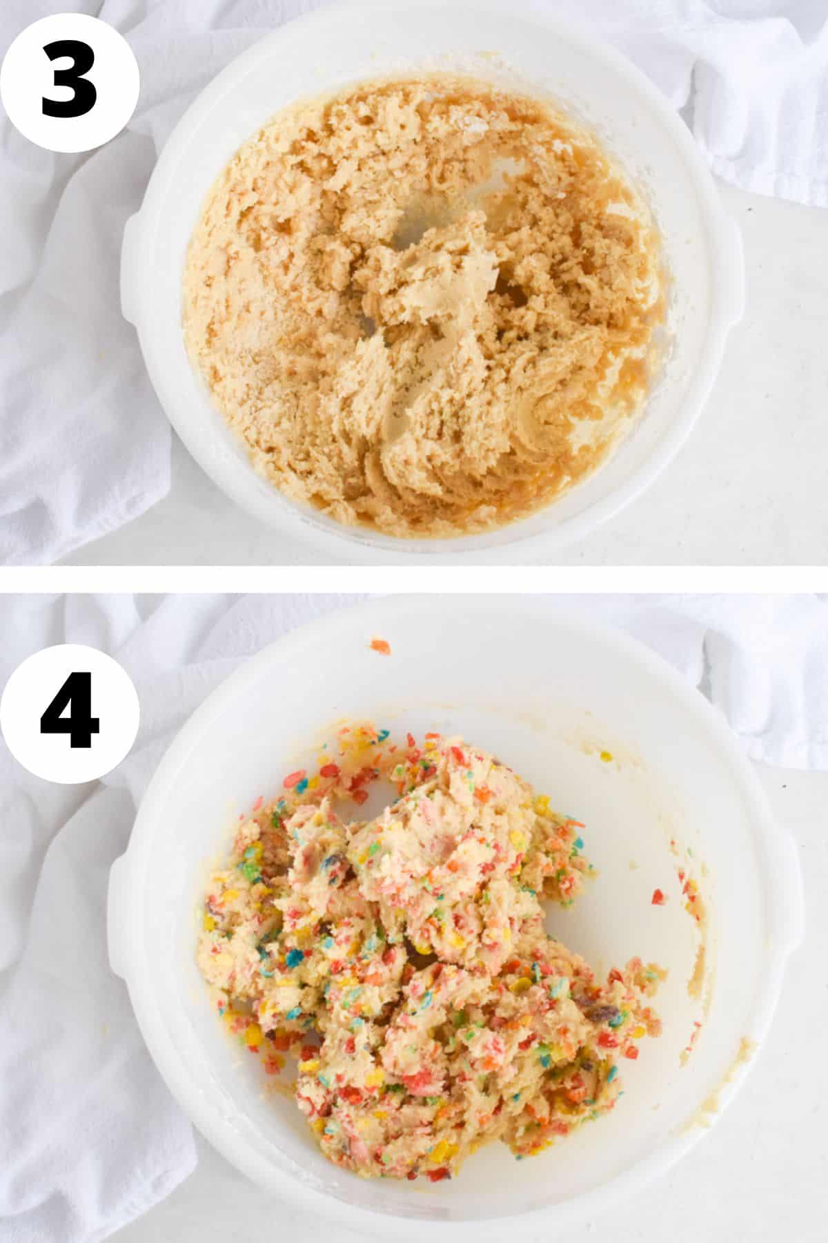 two images showing how to stir in dry ingredients and cereal. 