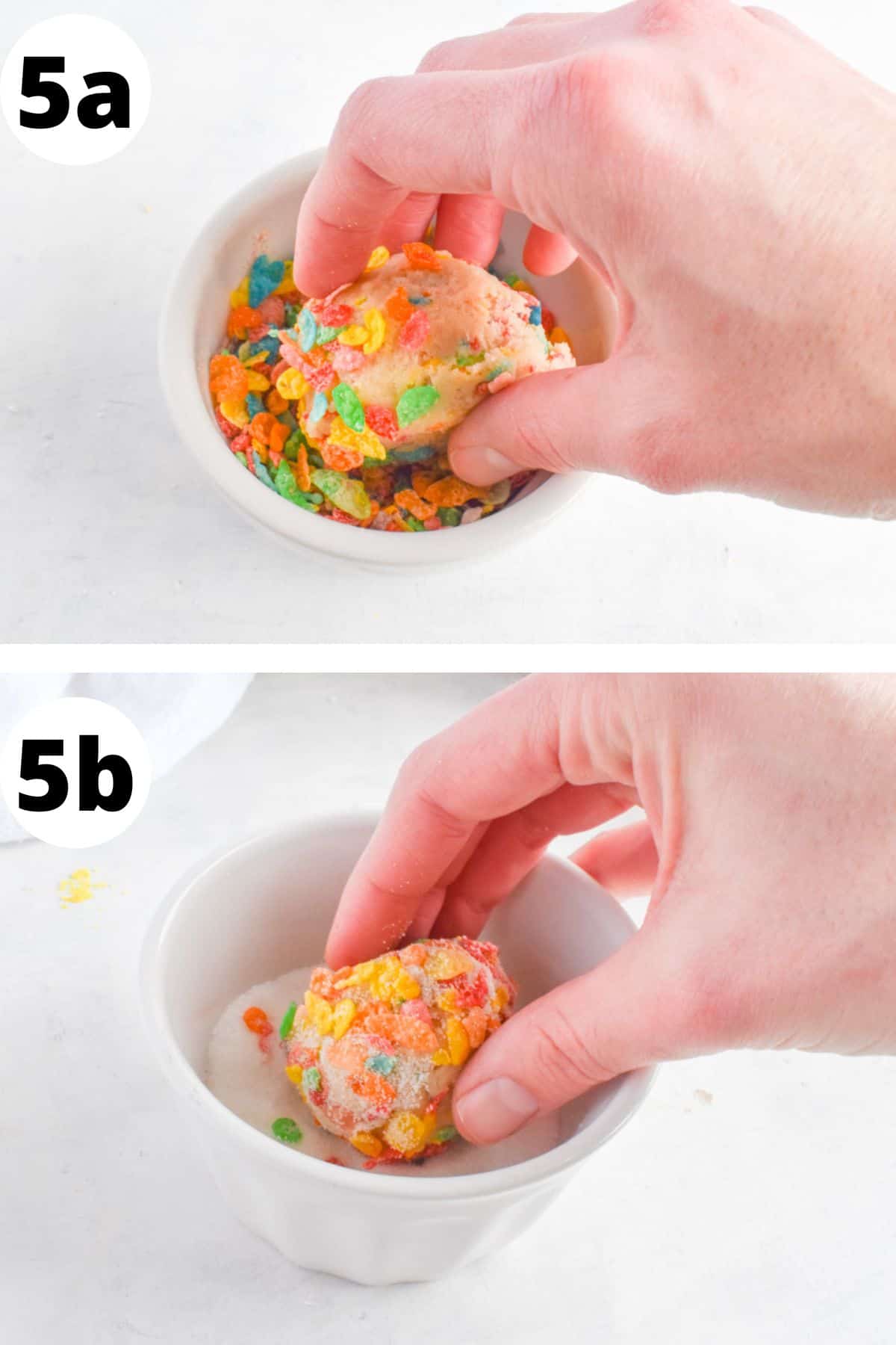 two images showing how to roll cookie dough in cereal and then in sugar. 