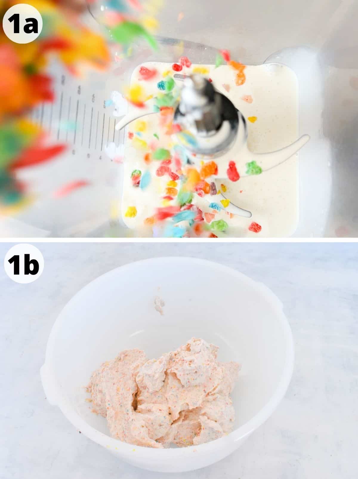 two images showing how to infuse fruity pebbles in cream. 