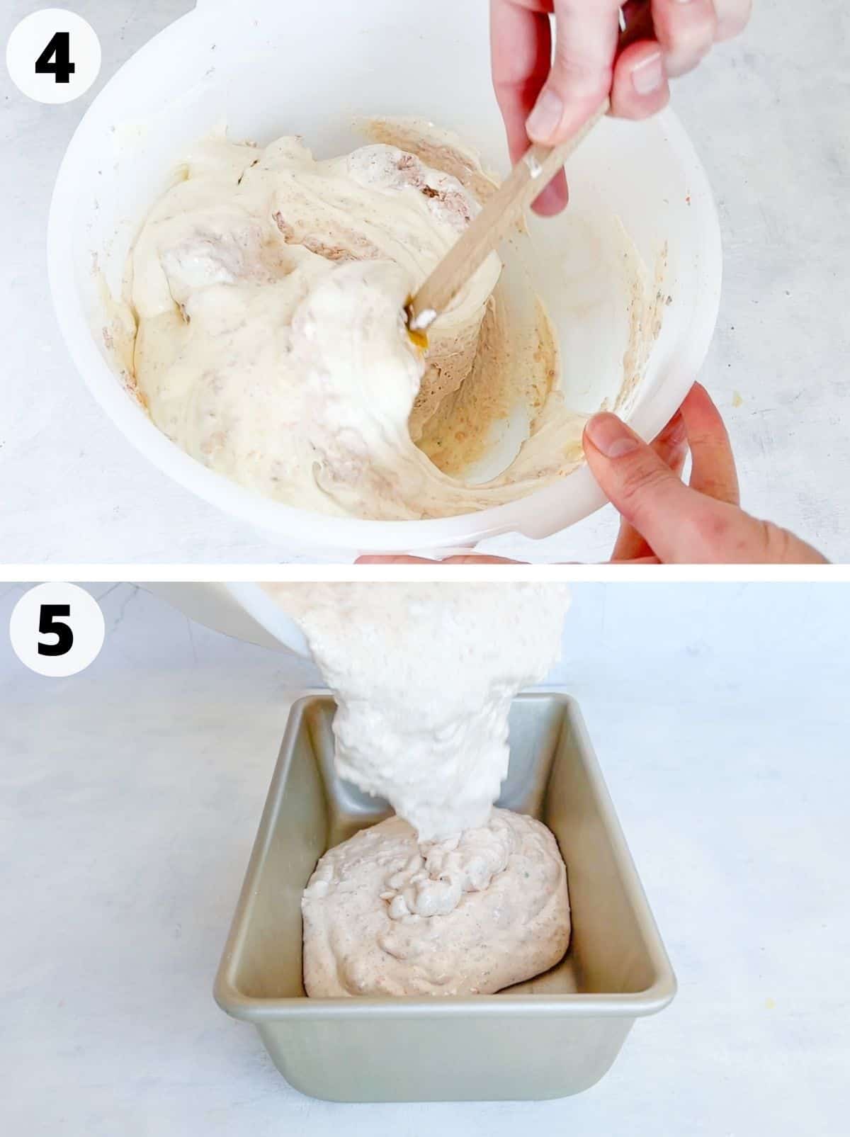 two images showing how to fold ingredients together and pouring into pan. 