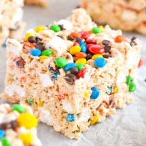 rice krispie treat square with M&Ms on top.
