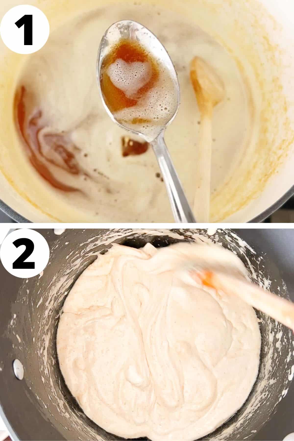 two images showing how to brown butter and how to melt marshmallows and butter. 