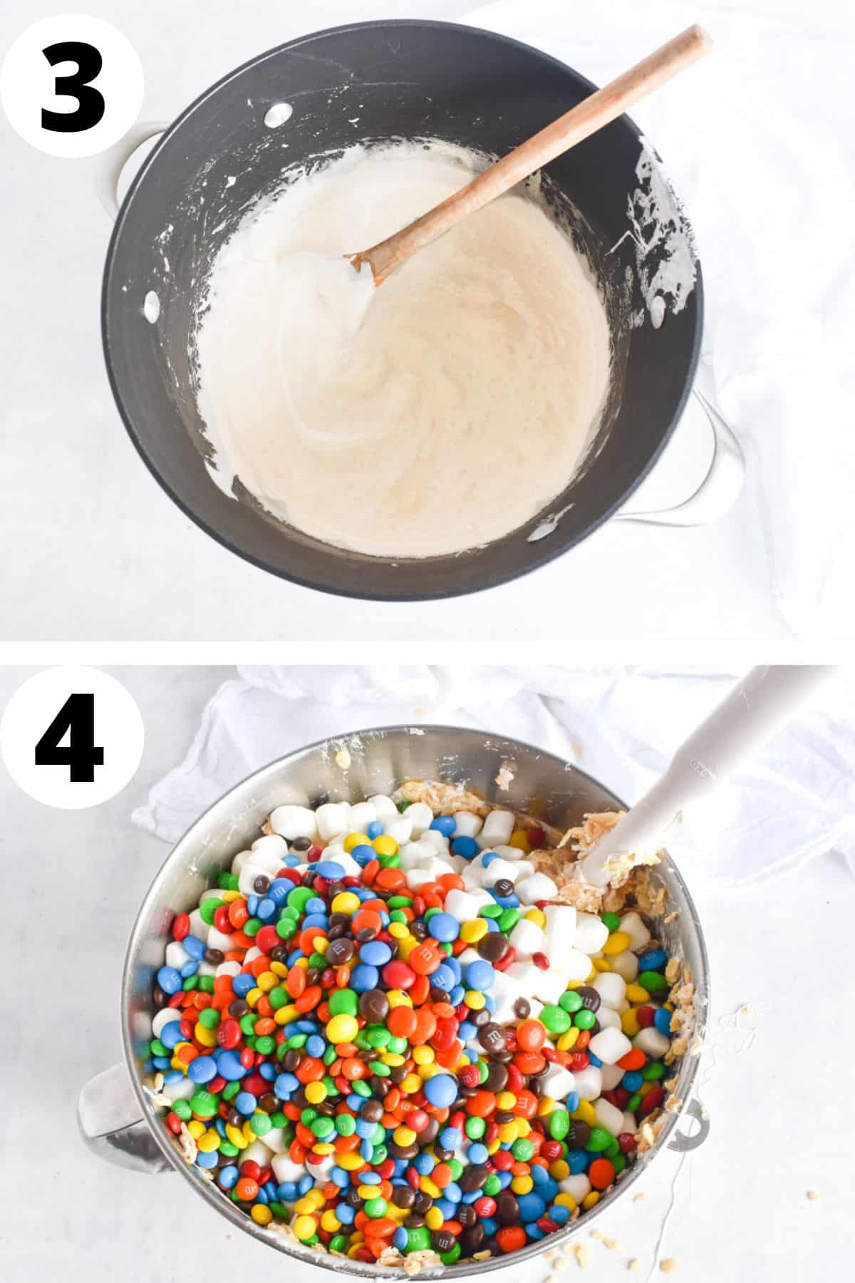 two images showing how to add in marshmallow fluff and how to add in cereal and M&Ms. 