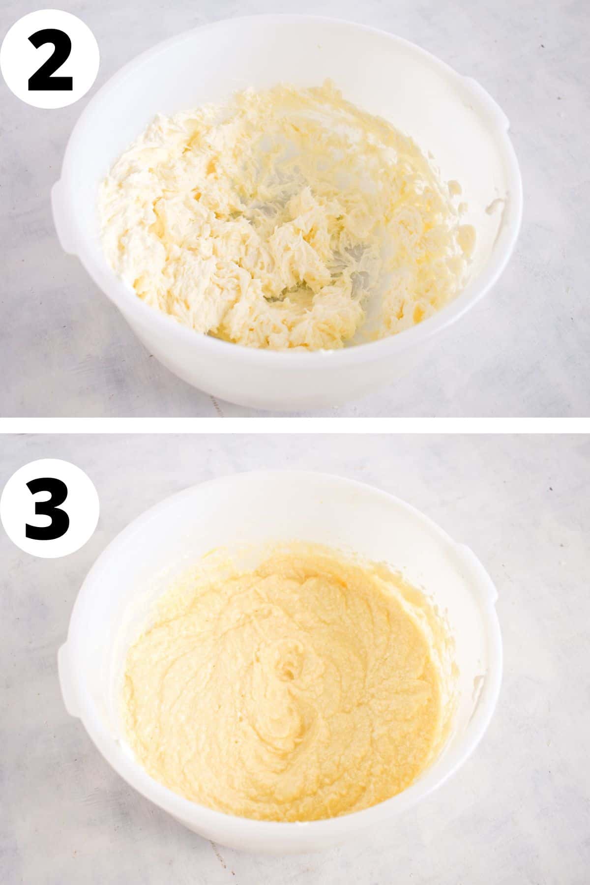 two images showing how to mix butter and cream cheese and then eggs for the cake batter. 