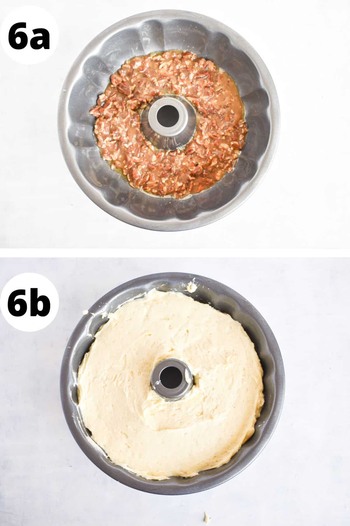 two images showing how to add caramel pecan topping and then cake batter to the bundt cake pan. 