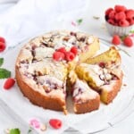 whole cake sliced into pieces.