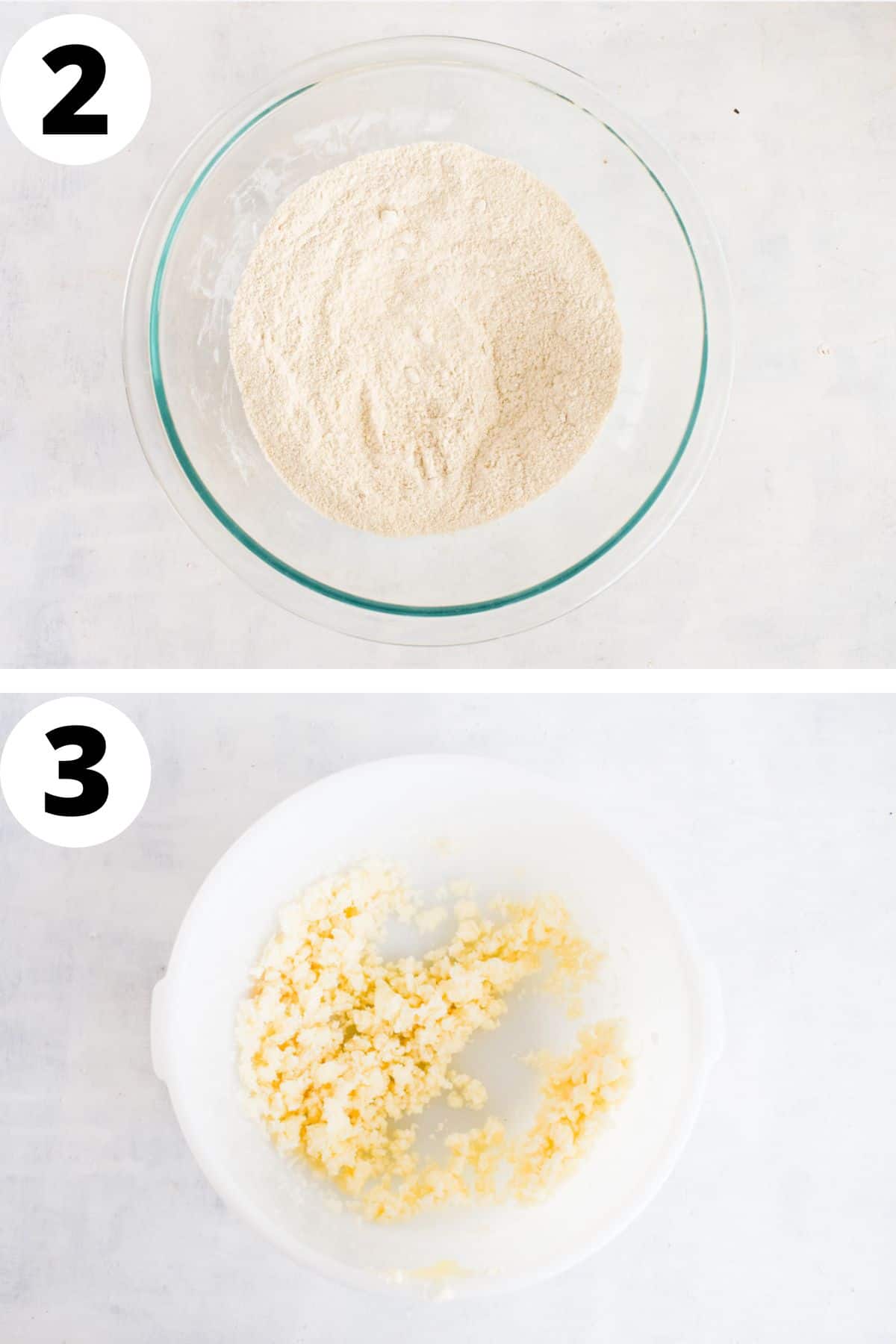 two images showing how to whisk dry ingredients and cream butter and sugar together.