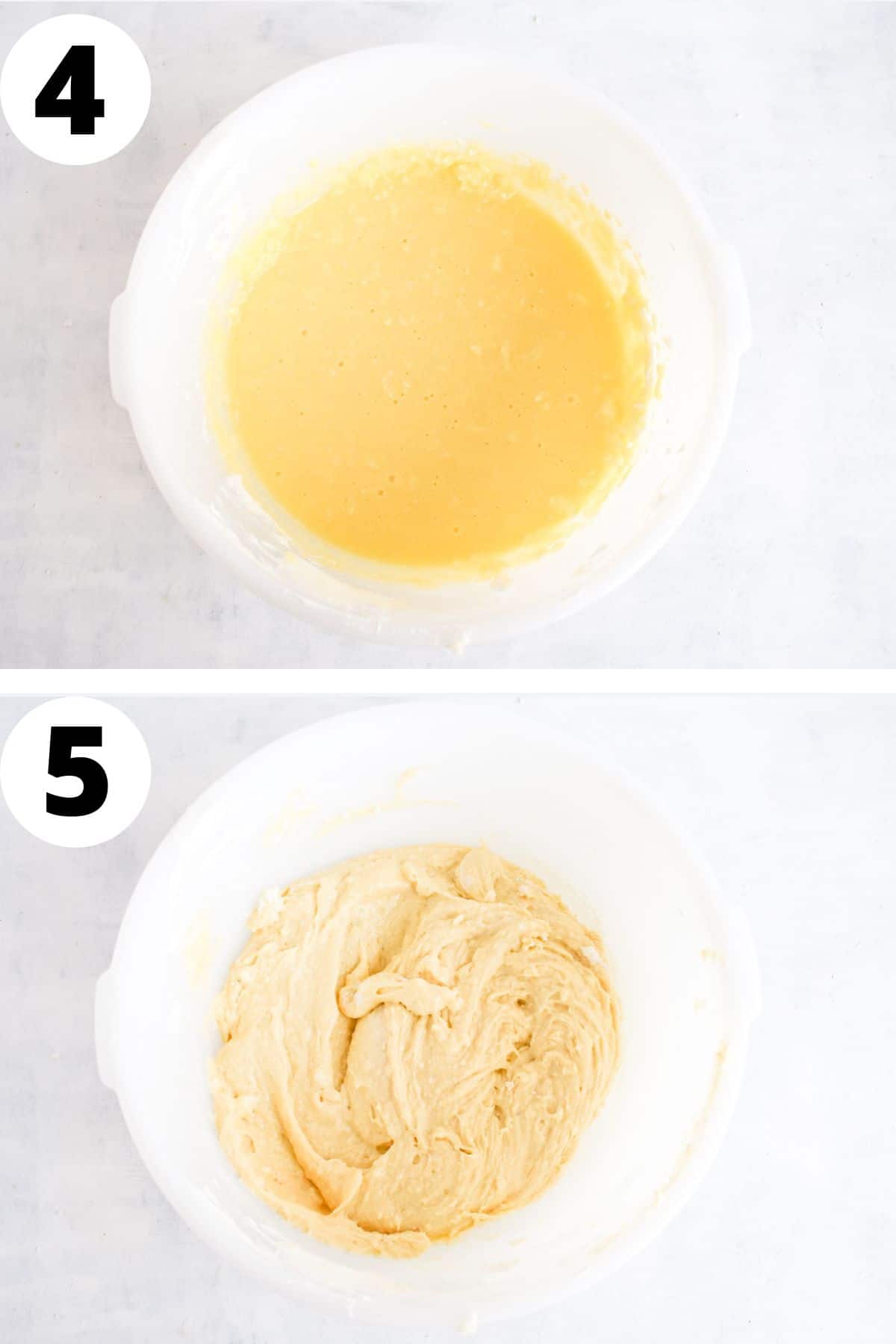 two images, showing how to mix wet ingredients and then add in dry ingredients. 