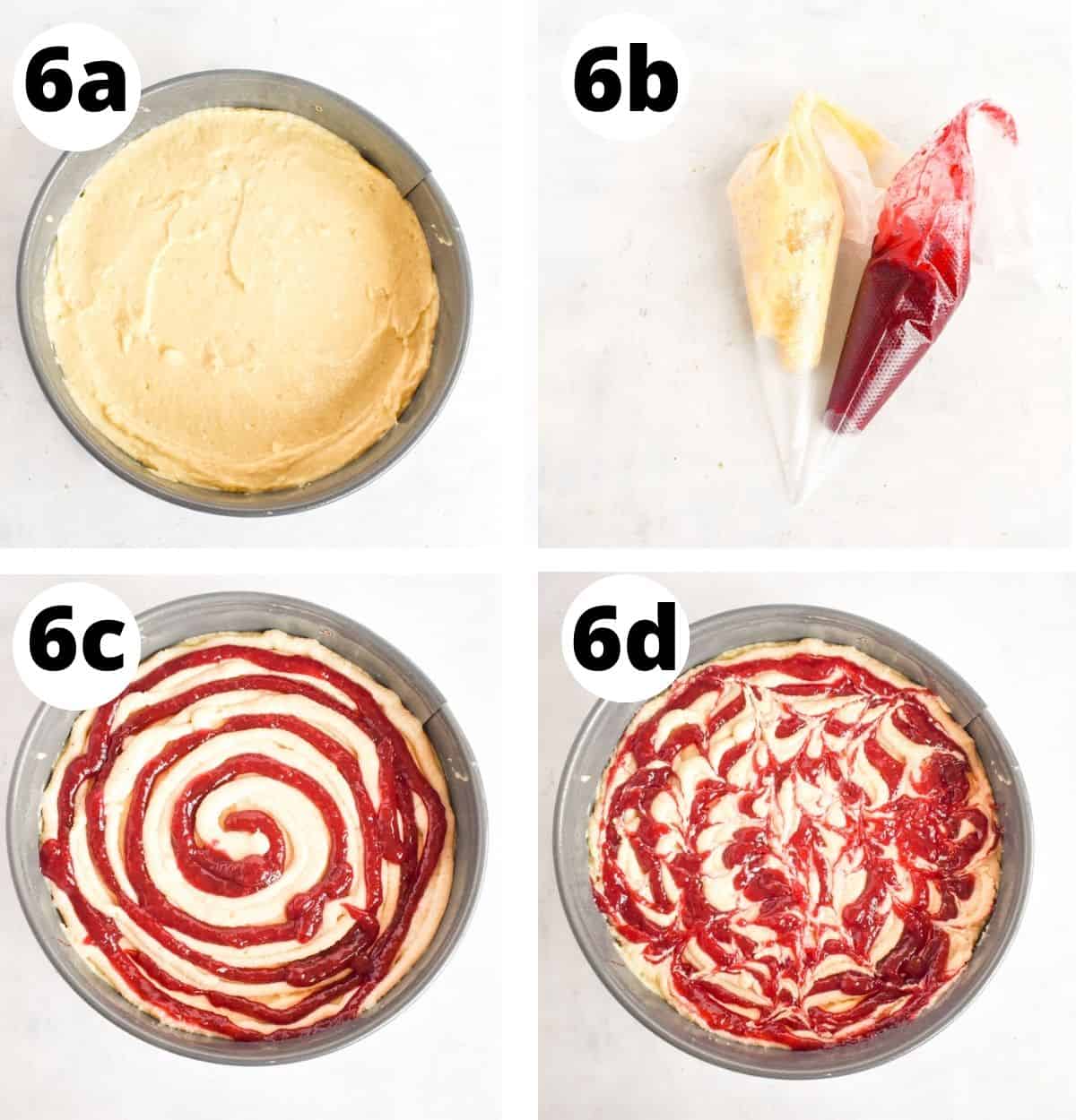 4 images, showing how to swirl in frangipane and raspberry jam. 