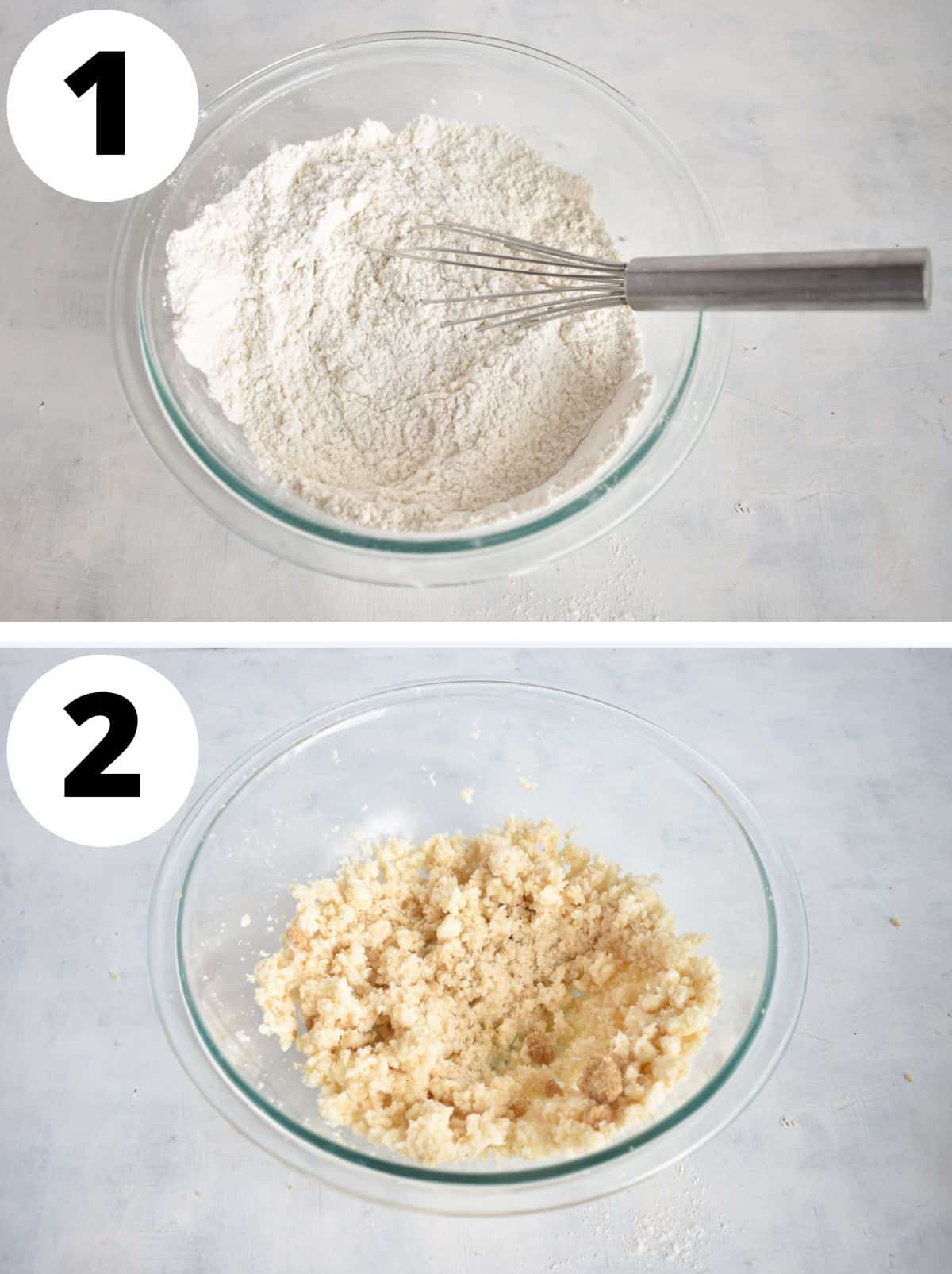 two images showing how to mix dry ingredients and cream butter and sugar together. 