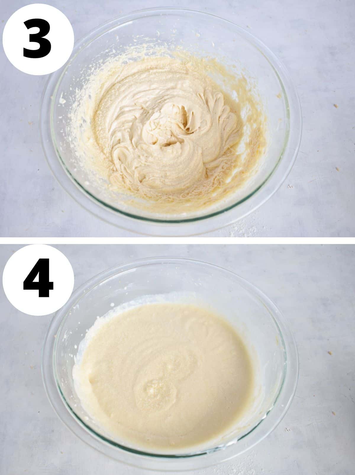 two images showing how to add eggs and then the wet ingredients to the batter. 