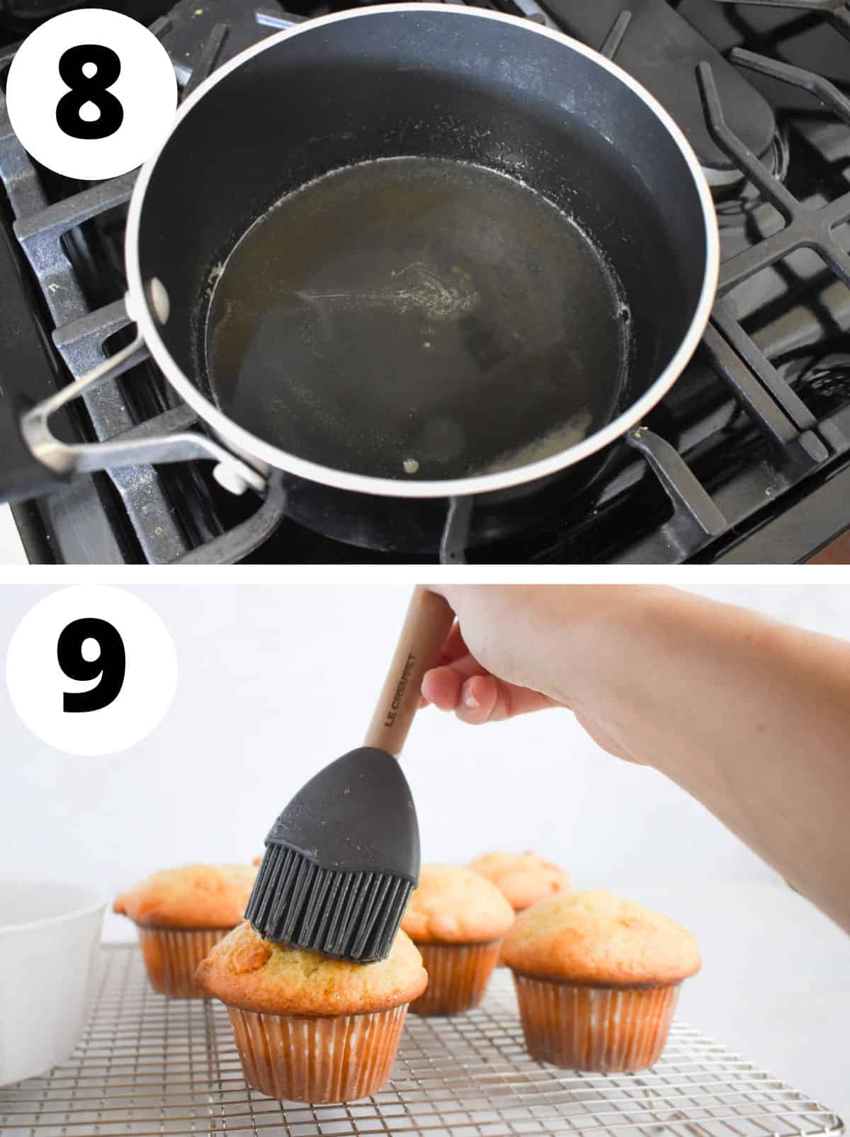 two images, butter rum sauce in pot and brushing the sauce over the baked butter rum muffins. 