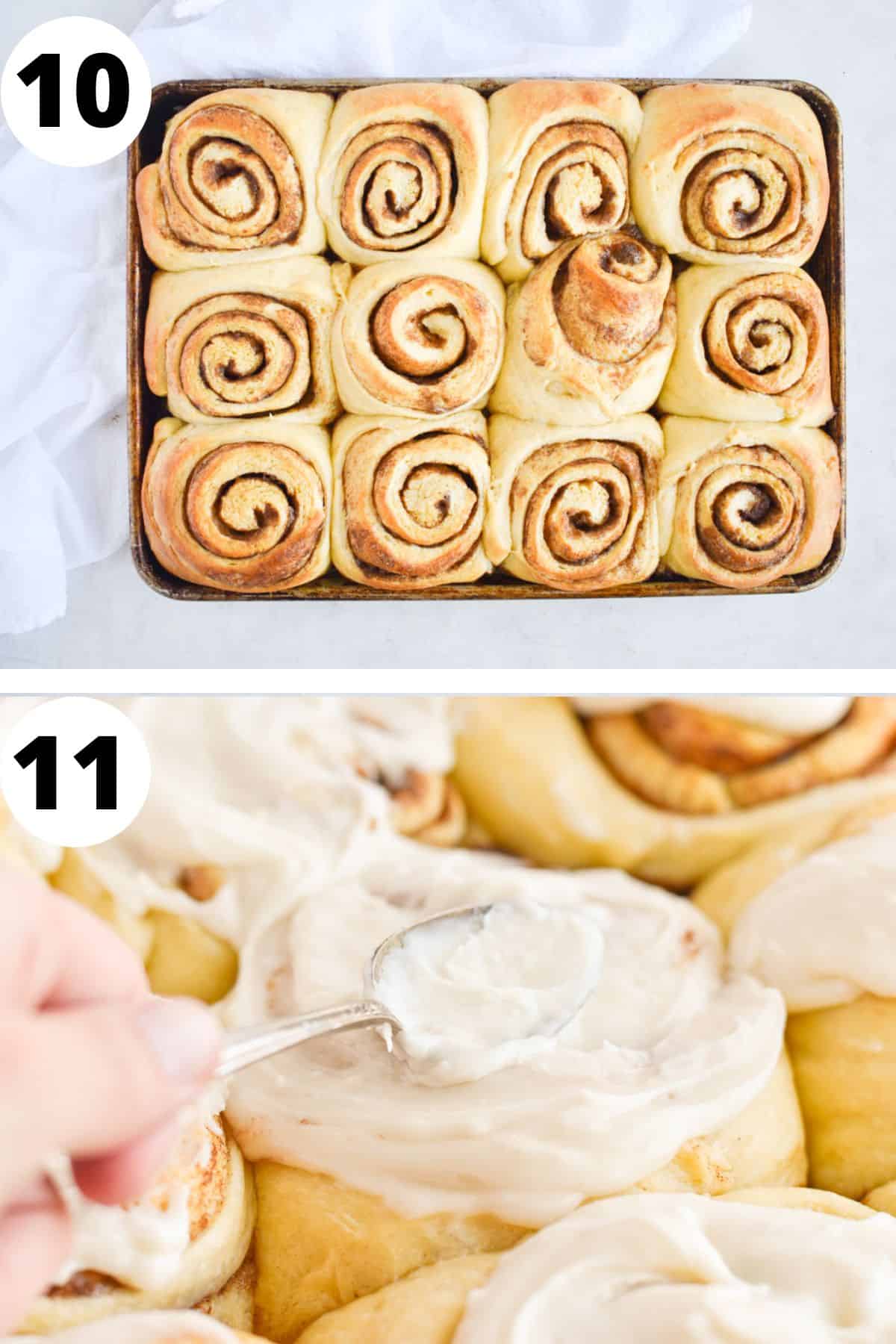 two images showing baked cinnamon rolls and frosting being spread over top. 