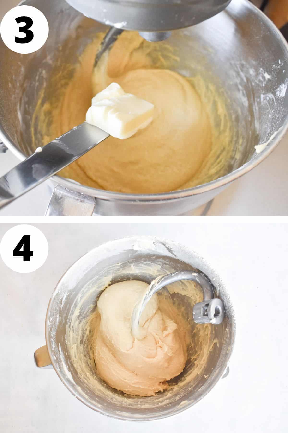 two images showing how to add butter in chunks to mixer and finished kneaded dough. 