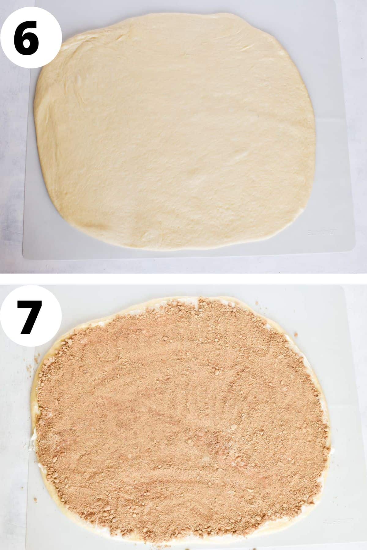 two images showing dough rolled out and the second images shoes dough with butter and cinnamon sugar over top. 