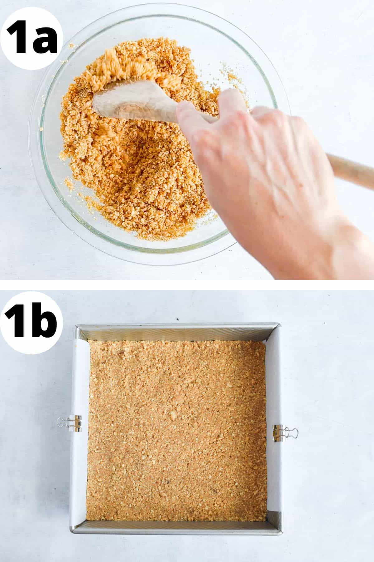 two images showing how to make the graham cracker crust. 