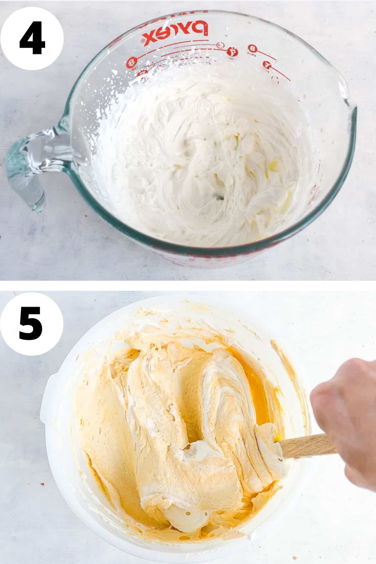 two images showing the whipped cream and folding the cream and pumpkin mixture together. 