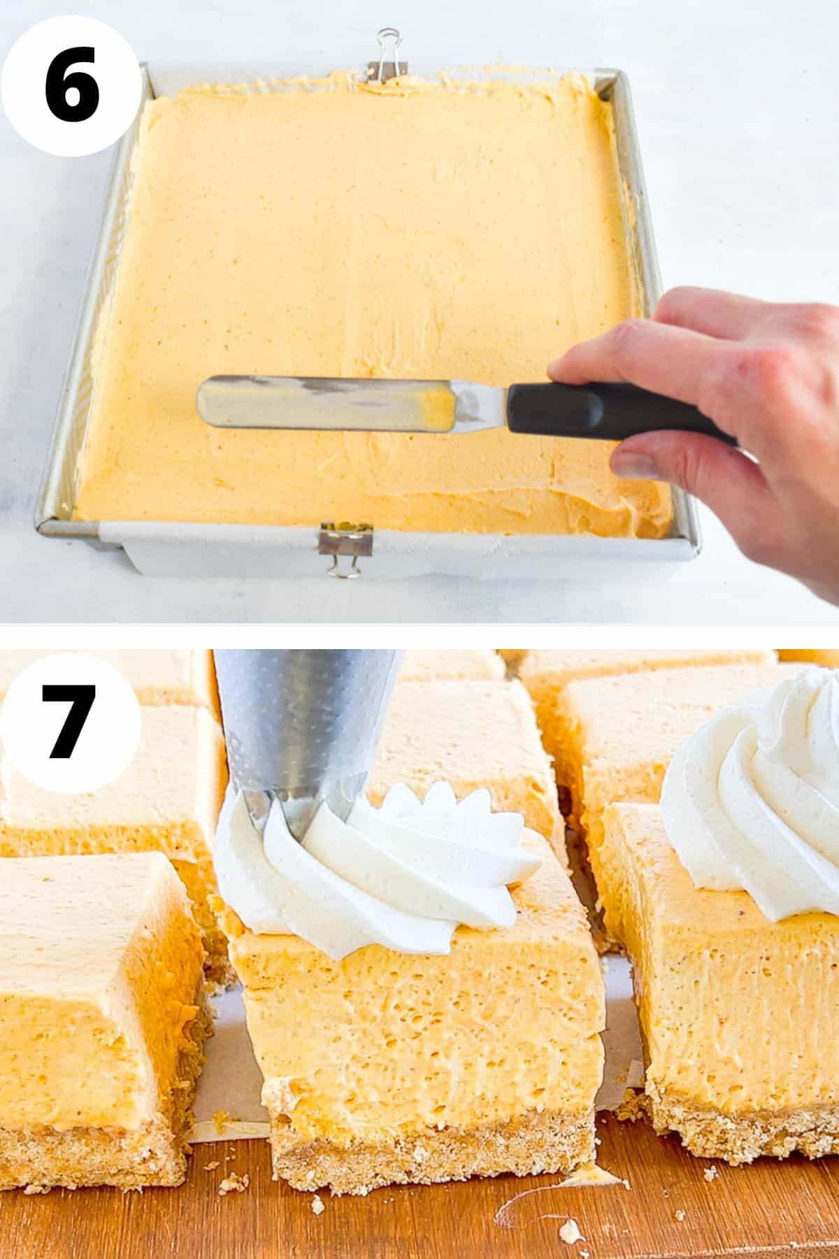 two images showing how to smooth pumpkin cheesecake over top of crust and how to pipe whip cream on top. 