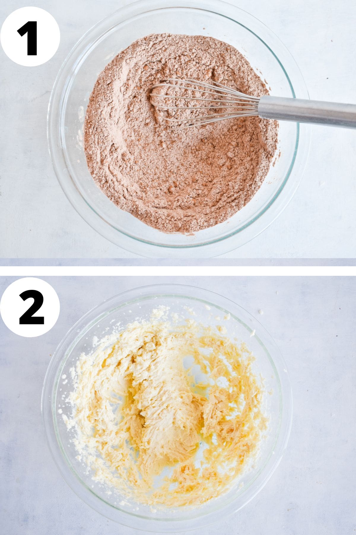 two images showing dry ingredients mixed and butter and sugar creamed together. 