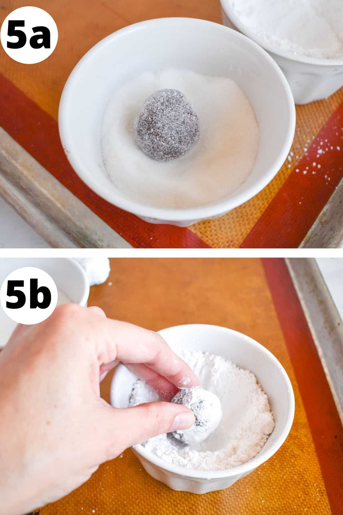 two images showing cookie dough ball rolled in sugar and then powdered sugar. 