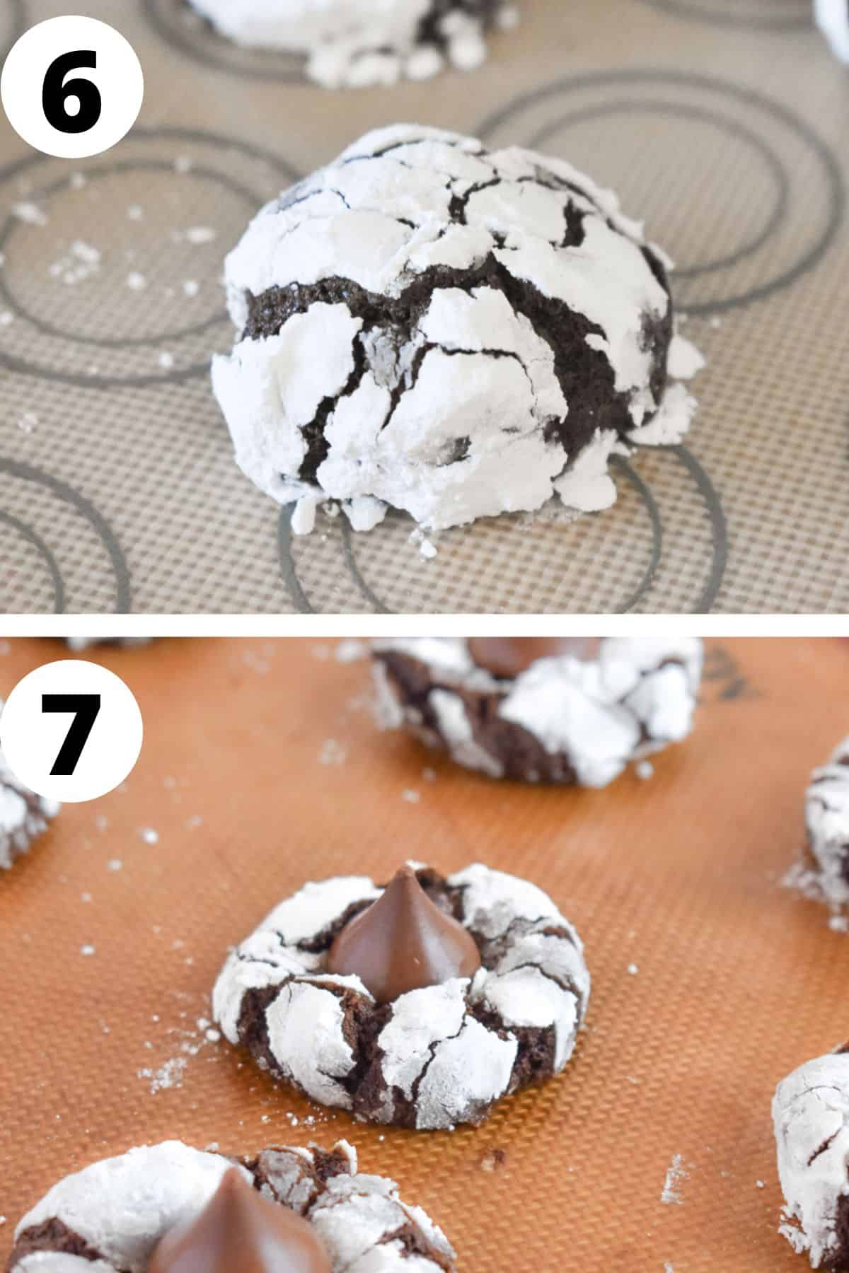 two images showing the chocolate blossom cookie baked and with a Hershey kiss on top. 