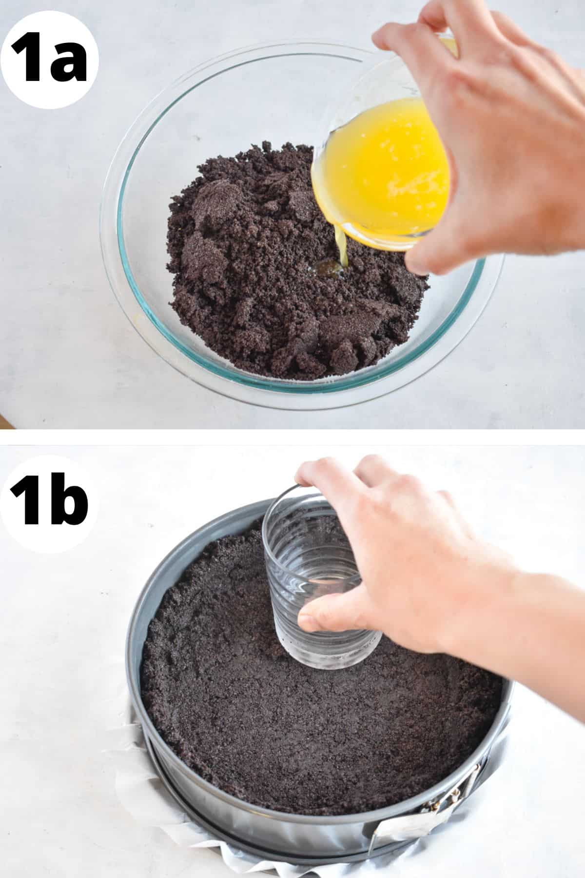 two images showing how to make oreo cookie crust. 
