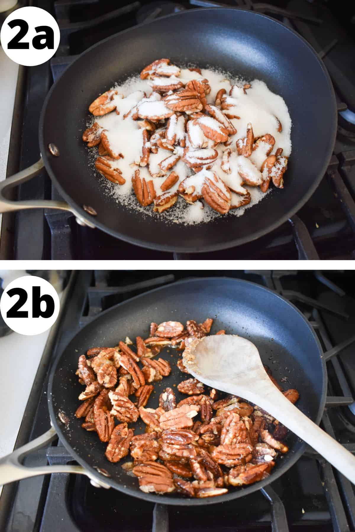 two images showing how to candy pecan in a frying pan. 