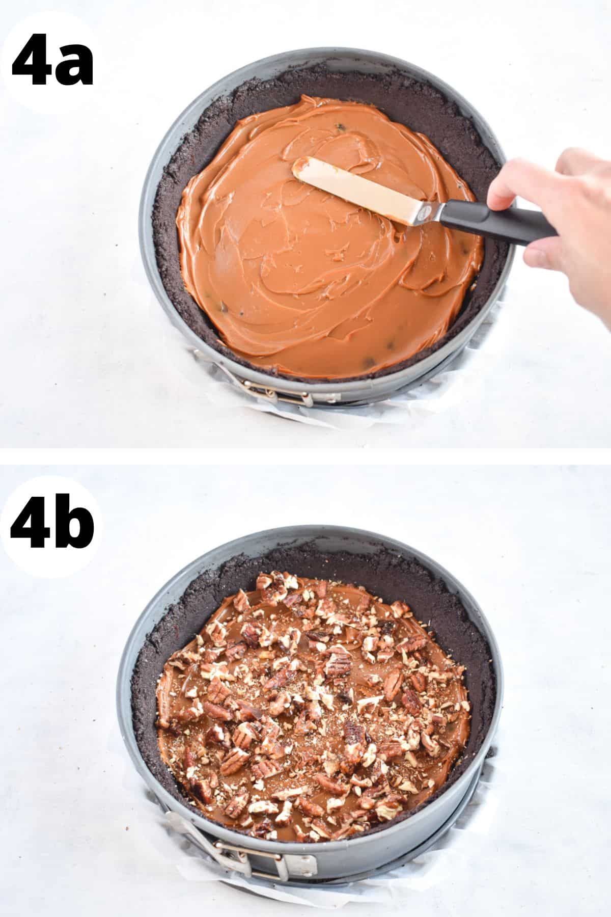 one image showing spreading caramel in the bottom of the pie and another image showing pecans sprinkled on top. 
