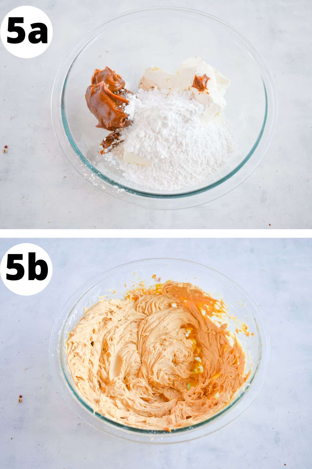 two pictures showing how to mix caramel cream cheese together. 