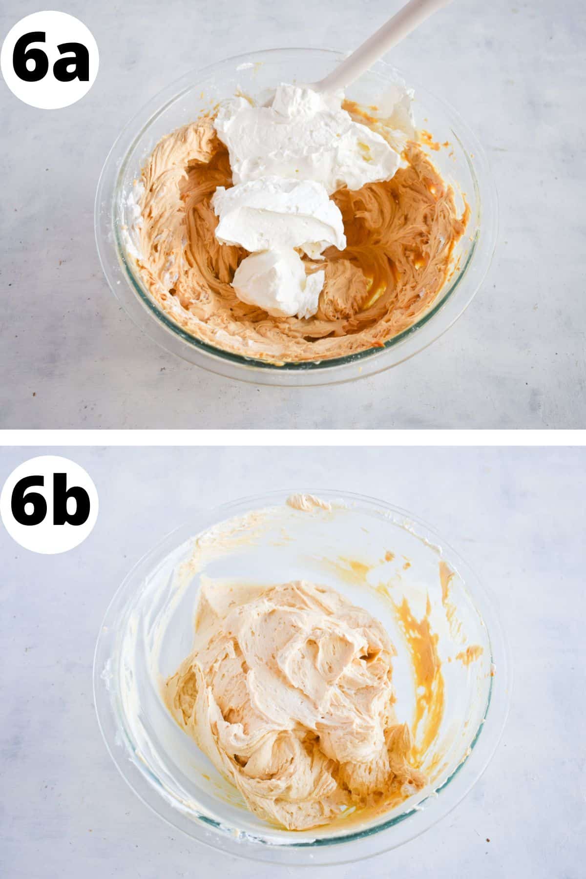 two pictures showing how to fold whipped cream into caramel cheesecake. 