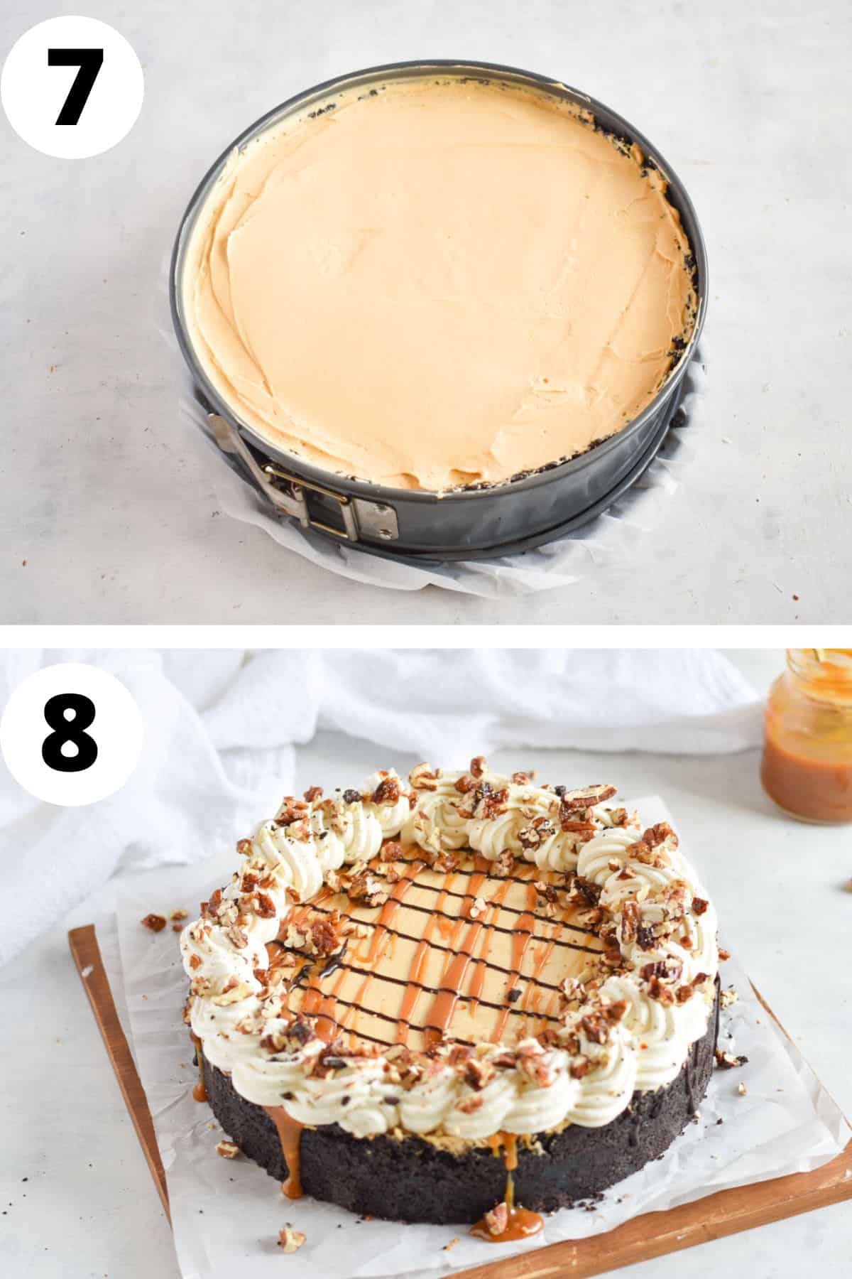 two pictures showing how to spread cheesecake inside the pie and topped off with whipped cream, caramel, and chocolate. 