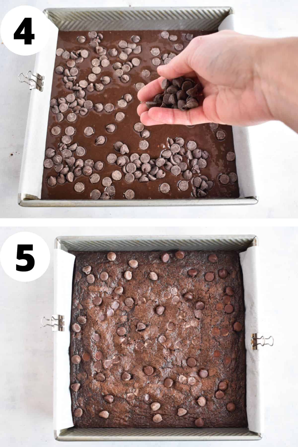 two images showing chocolate chips being added and baked brownies. 