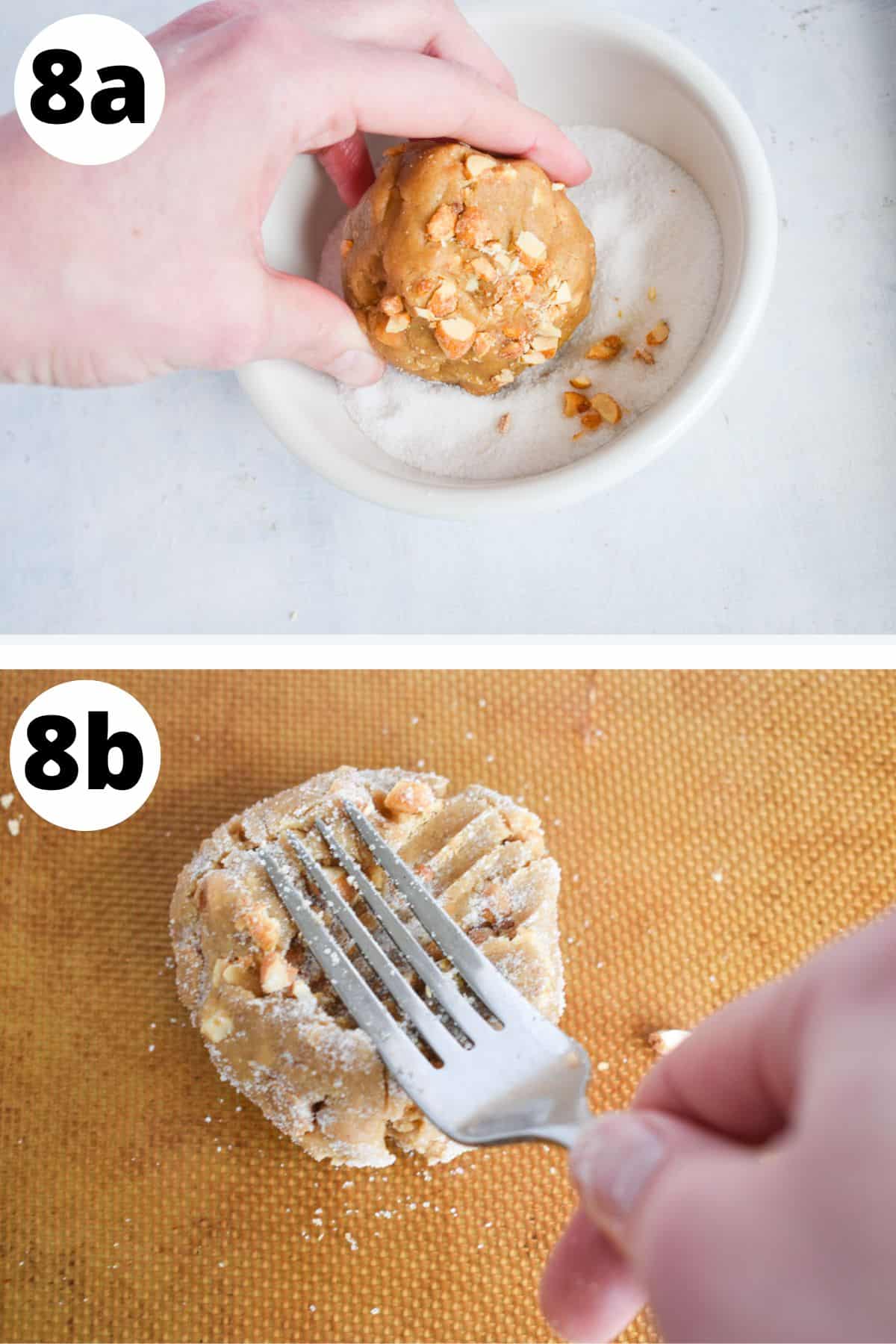 cookie dough ball rolled in sugar and pressed with fork.