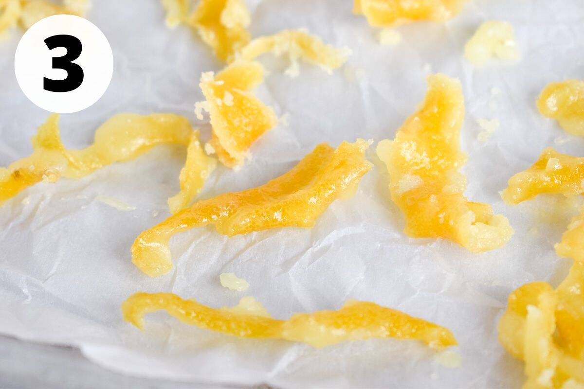 candied lemon peel on parchment paper.