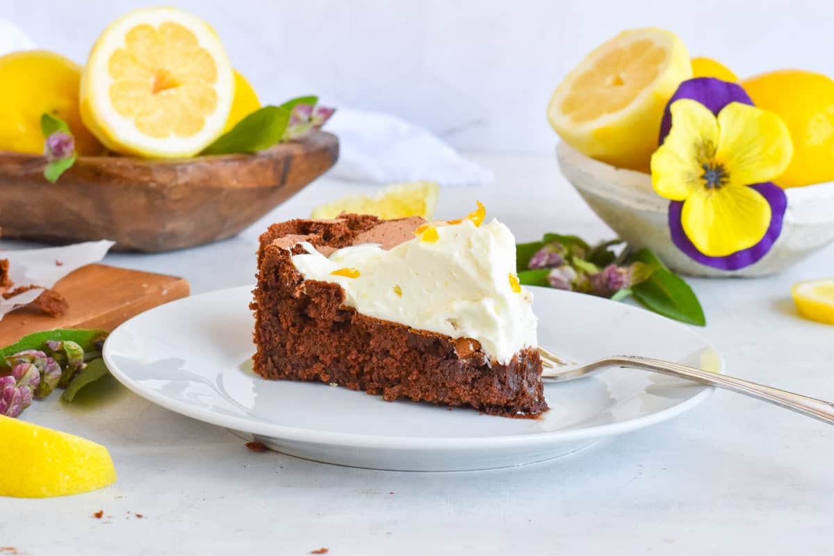 slice of cake on white plate.
