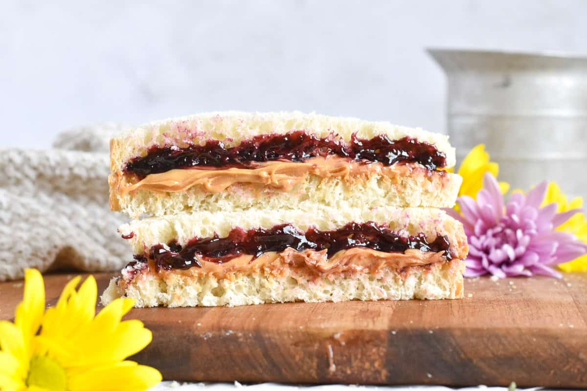 peanut butter and jelly sandwich on homemade sandwich bread.