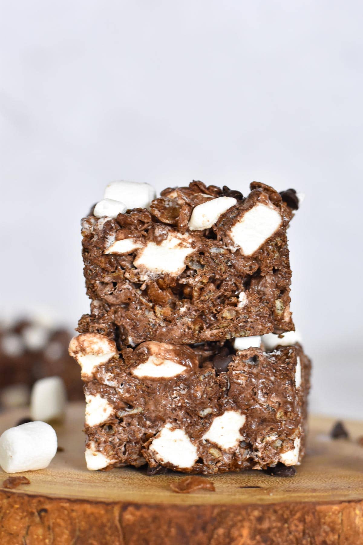 two cocoa krispie treats stack on top of each other.