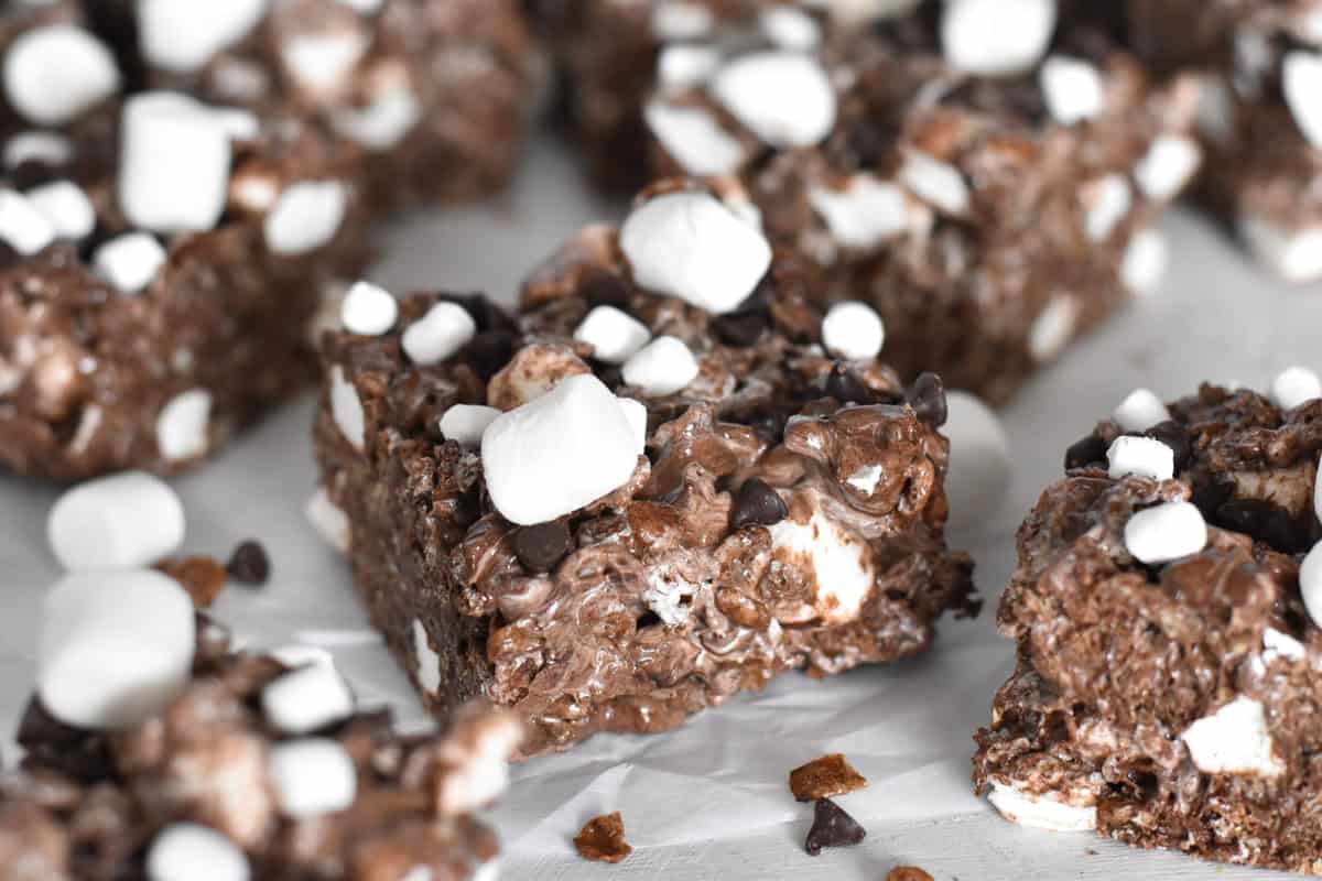 rice krispie square topped with marshmallows and chocolate chips.