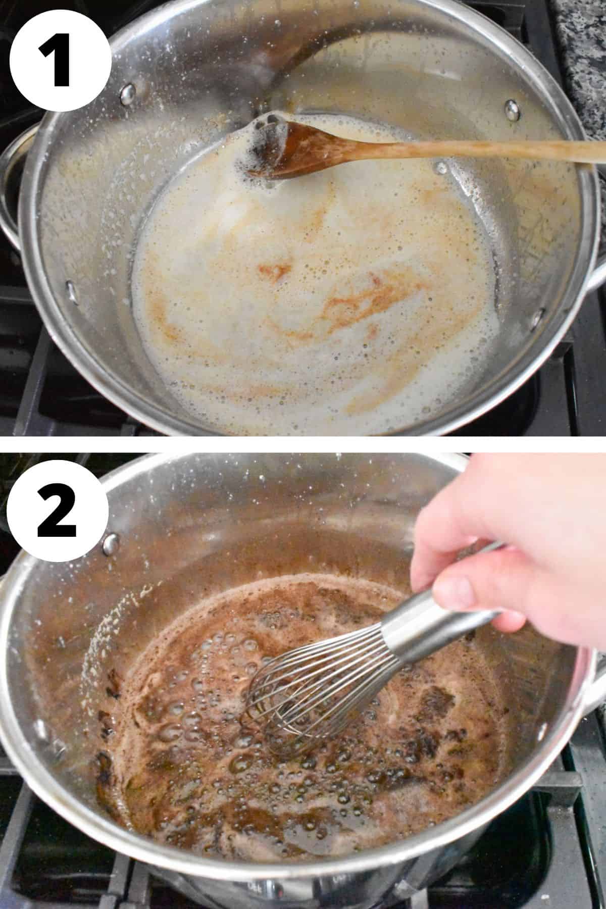 butter being browned in pot with cocoa powder being whisked in.